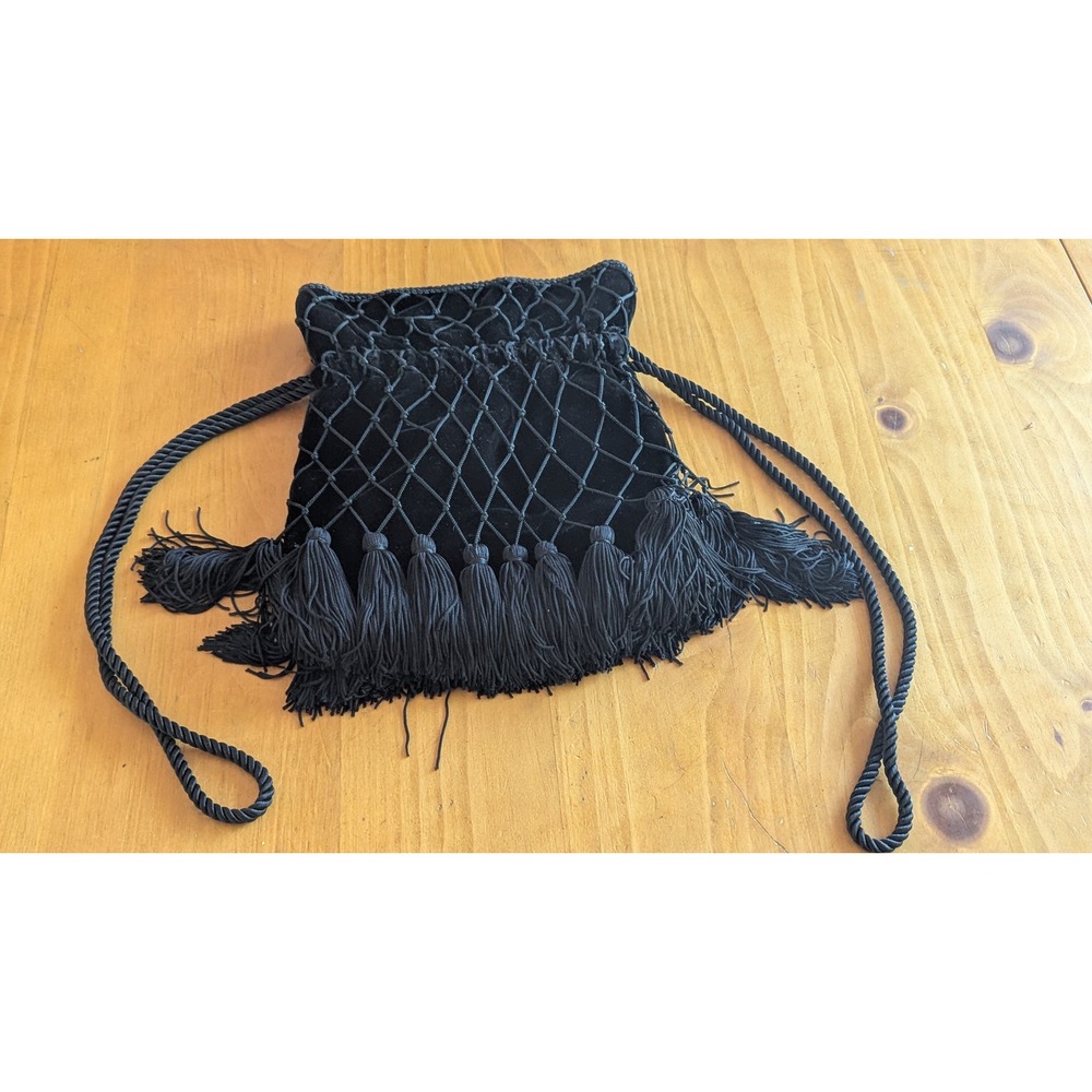 Carla Marchi Black Velvet Macrame Tassel Evening Bag Drawstring Reticule Purse